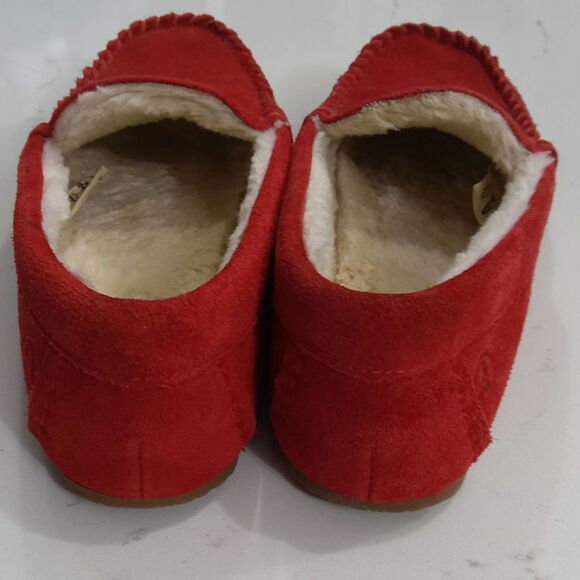 Lands End Red Suede leather womens moccasin slippers loafers fuzzy warm size 7 - Picture 4 of 8